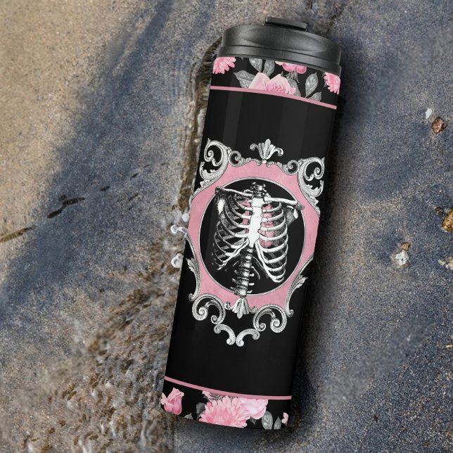 Gothic Love | Pink and Black Skeleton Heart Floral Thermal Tumbler (Creator Uploaded)
