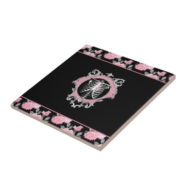 Gothic Love | Pink and Black Skeleton Heart Floral Tile (Side)