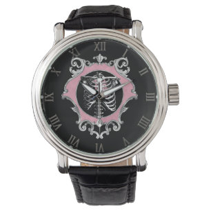 Gothic Love   Pink and Black Skeleton Heart Floral Watch