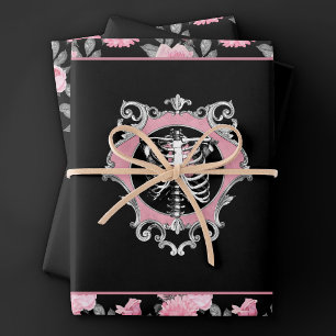 Gothic Love Pink and Black Skeleton Heart Floral Wrapping Paper Sheet