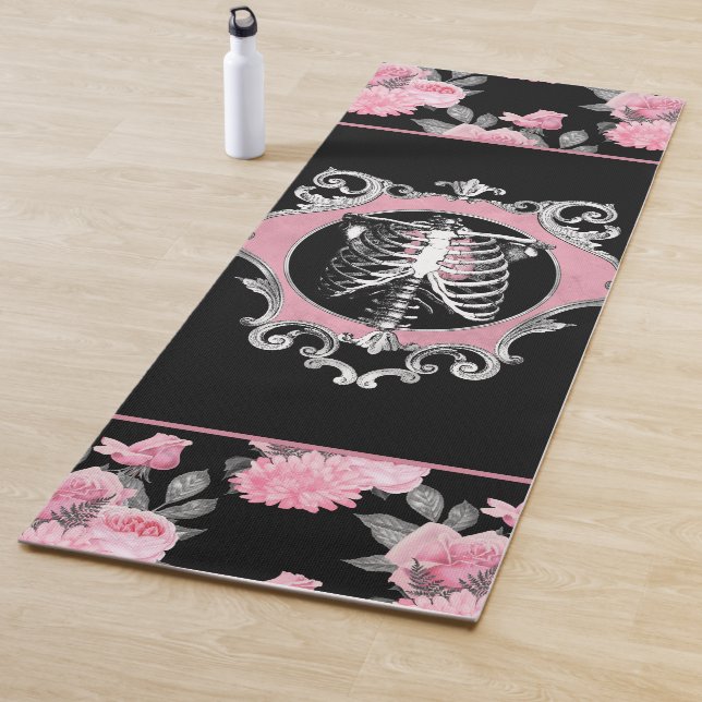 Gothic Love | Pink and Black Skeleton Heart Floral Yoga Mat (In Situ)