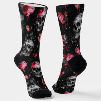Gothic Love Skulls and Red Hearts Socks