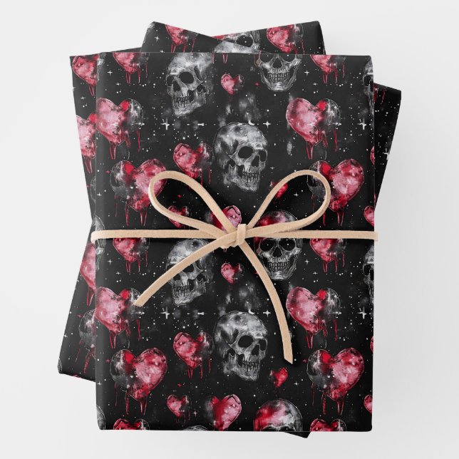 Gothic Love Skulls and Red Hearts Wrapping Paper Sheet (In situ)