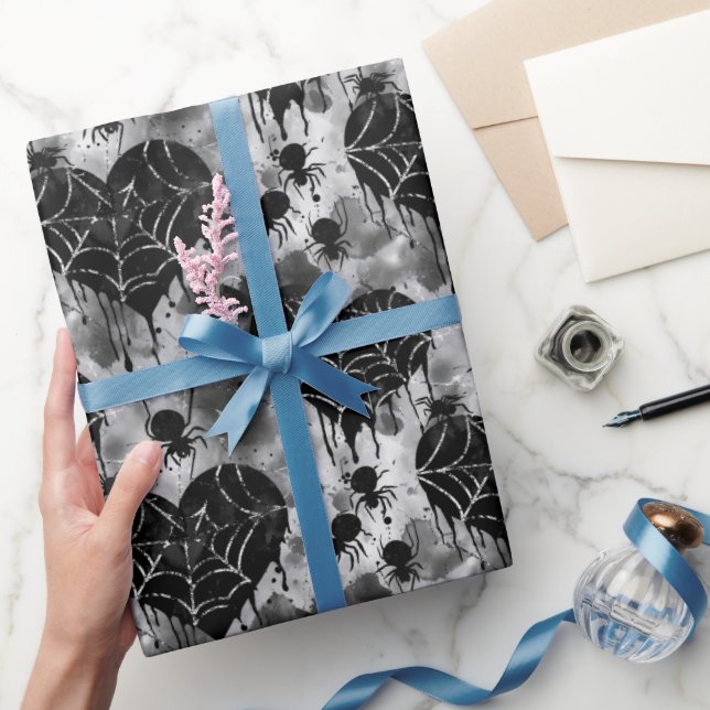 Gothic Love Spooky Spider Web with Hearts Wrapping Paper (Gifting)