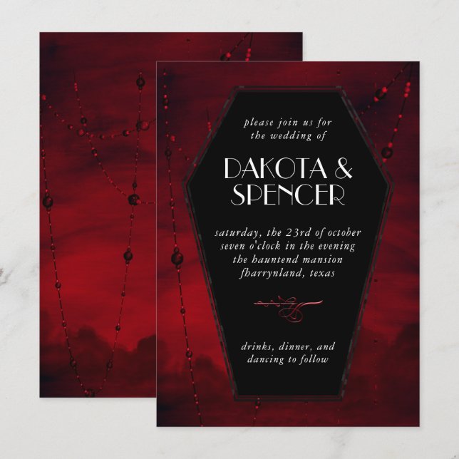 Gothic Luxe | Black and Blood Red Coffin Wedding Invitation (Front/Back)