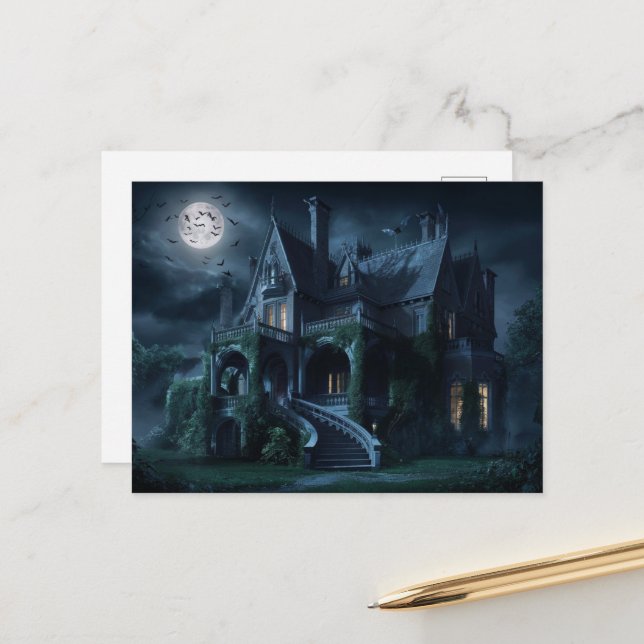 Gothic Mansion Under Full Moon with Bats  Postcard (Front/Back In Situ)