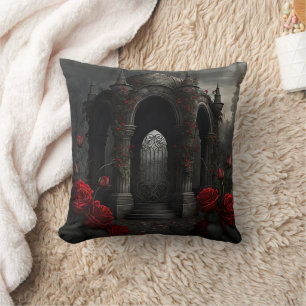 Gothic Mausoleum with Red Roses at Night Cushion