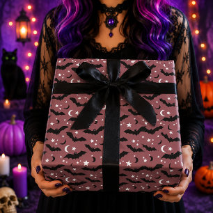 Gothic Mauve Pink Bats Stars Moon Pattern Wrapping Paper
