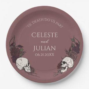 Gothic Mauve Pink Floral Skull Wedding Paper Plate