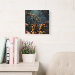 Gothic Mechanical Dark Forest Steampunk Gummy Bear Square Wall Clock