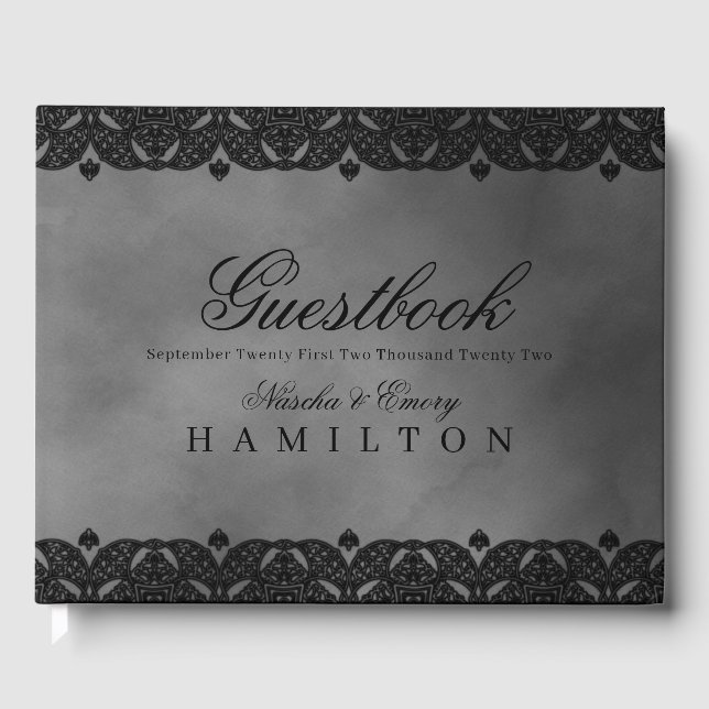 Gothic Mediaeval Grey Elegant Ornate Lace Wedding Guest Book (Front)