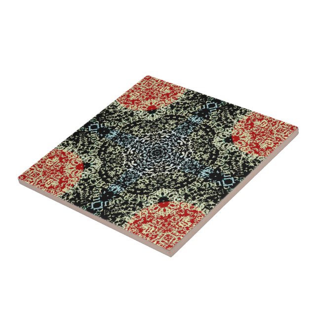 Gothic Mediaeval Mandala Lacy Pattern Green Red Tile (Side)