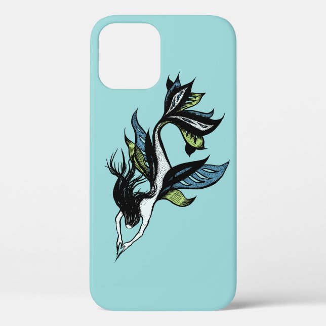 Gothic Mermaid Beautiful Blue Green Ink Drawing Case-Mate iPhone Case (Back)