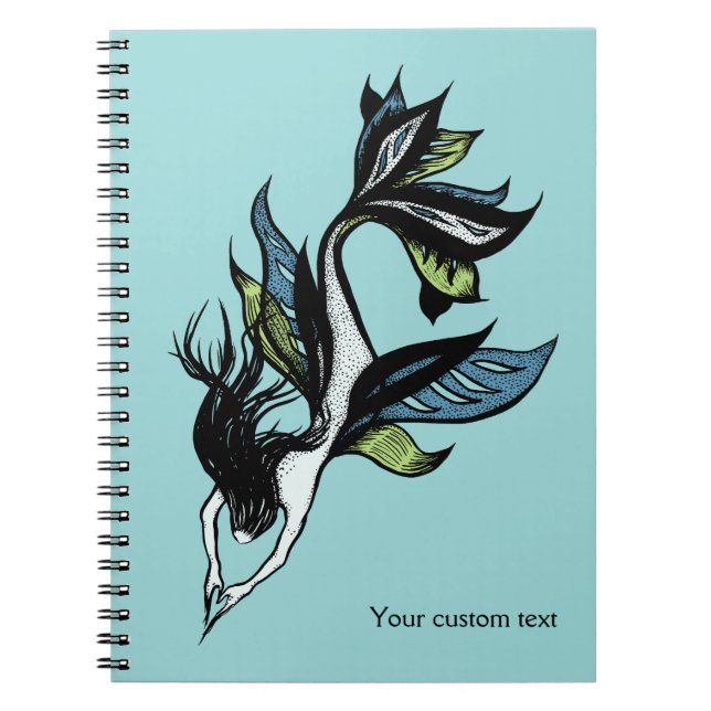 Gothic Mermaid Beautiful Blue Green Ink Drawing Notebook (Front)