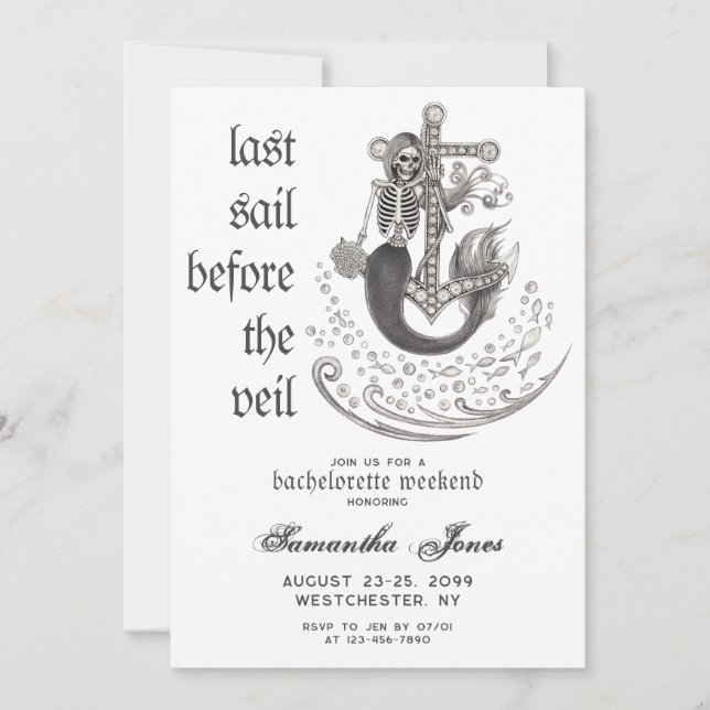 Gothic Mermaid Last Sail Before Veil Bachelorette Invitation (Front)