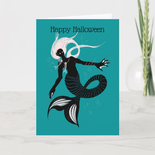 Gothic Mermaid With Fishbone Necklace Halloween Card (Front)