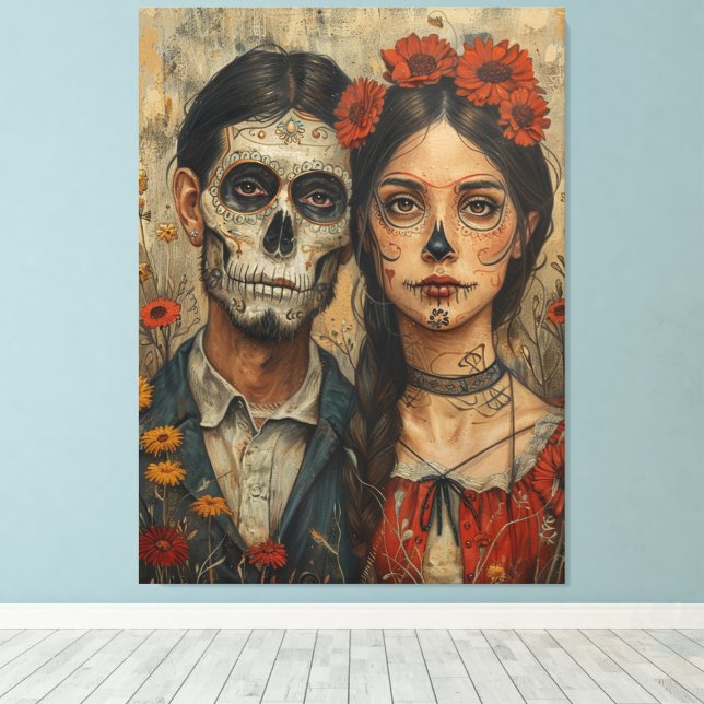 Gothic mexican aesthetic, skull face, dia de muert canvas print (Insitu(Wood Floor))
