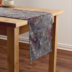 Gothic Midnight Floral Moon Celestial Illustration Short Table Runner