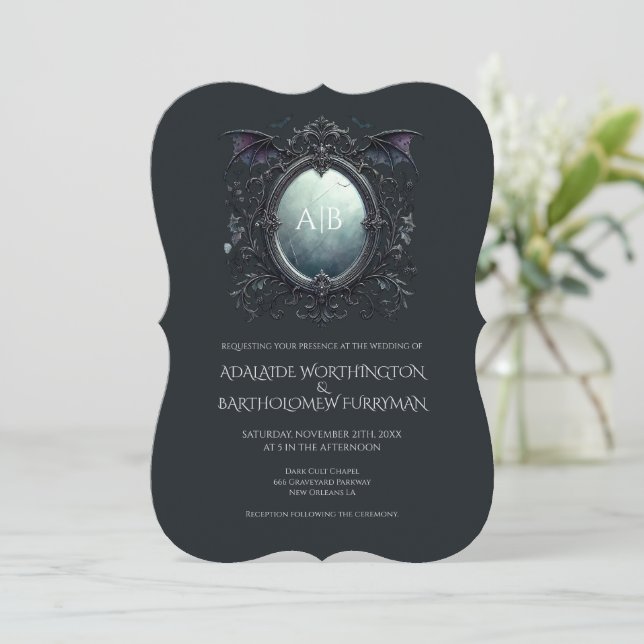 Gothic Mirror Monogram Wedding Invitation (Standing Front)