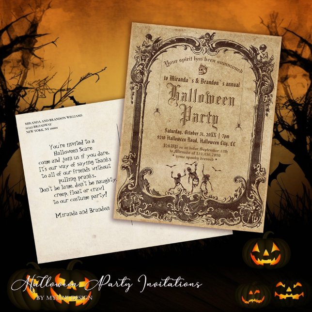 Gothic Mirror Spooky Skeletons Halloween Invite Postcard (Creator Uploaded)