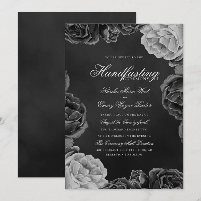 Gothic Monochrome Elegant Rose Handfasting Invitation (Front/Back)