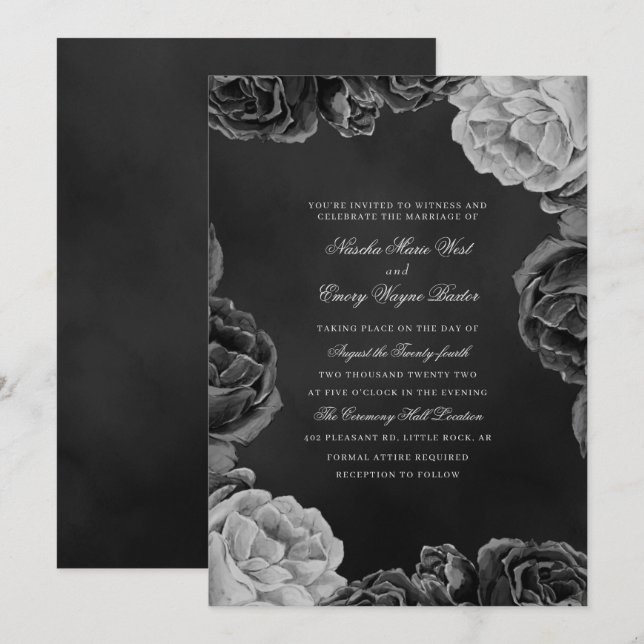 Gothic Monochrome Elegant Watercolor Rose Invitation (Front/Back)
