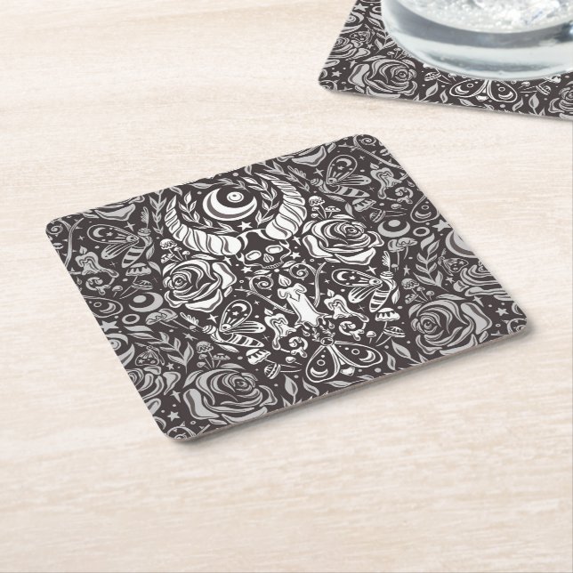 Gothic monochrome pattern square paper coaster (Angled)