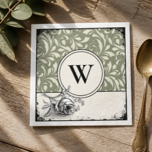 Gothic Monogram Sage Green Damask Rose Napkin