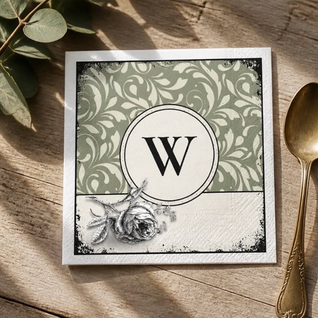 Gothic Monogram Sage Green Damask Rose Napkin (Creator Uploaded)