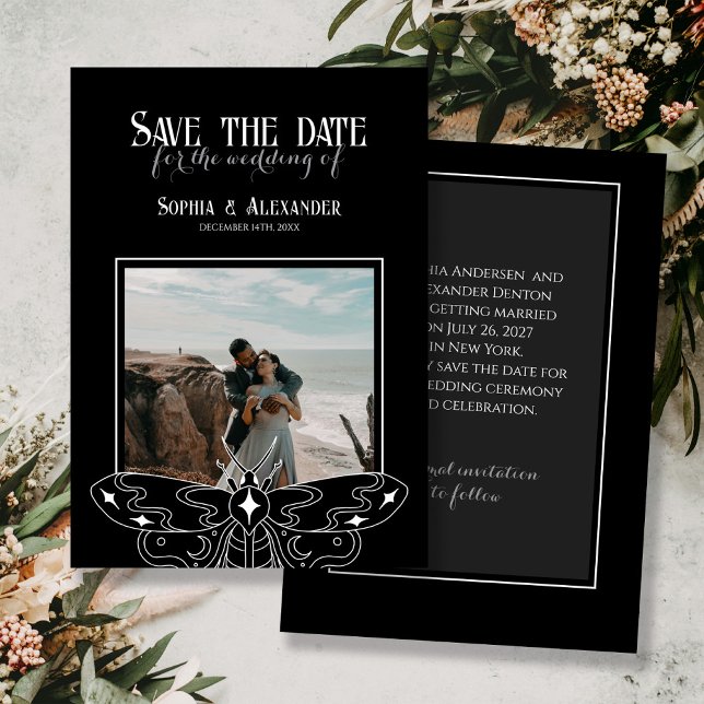 Gothic Moody Black and White Wedding photo  Save The Date (Creator Uploaded)