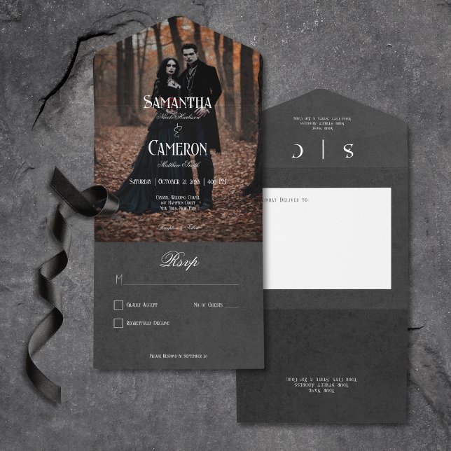 Gothic Moody Black Elegant Photo No Dinner All In One Invitation (Gothic Moody Black Elegant Photo All In One Wedding Invitation without Dinner Options)