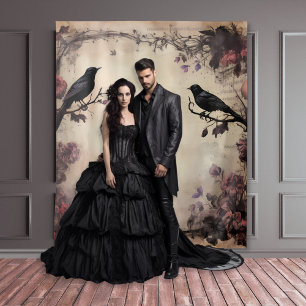Gothic Moody Black Ravens & Pink Roses Tapestry