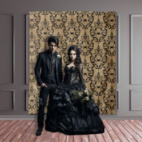 Gothic Moody Damask Tan & Black Spider Tapestry 