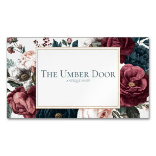 Gothic Moody Floral Burgundy Teal Rose Gold Frame Magnetic Business Card