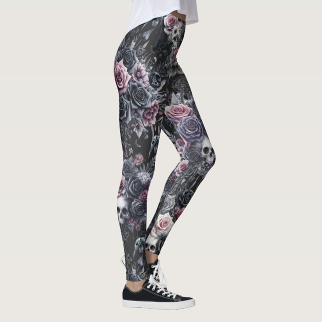 Gothic Moody Flowers Skulls and Crows  Leggings (Right)