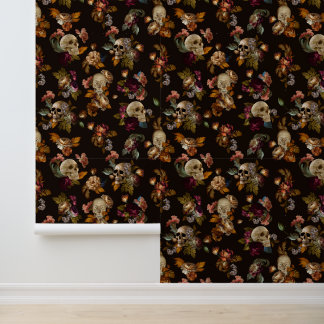 Gothic Moody Flowers With Skulls Wallpaper