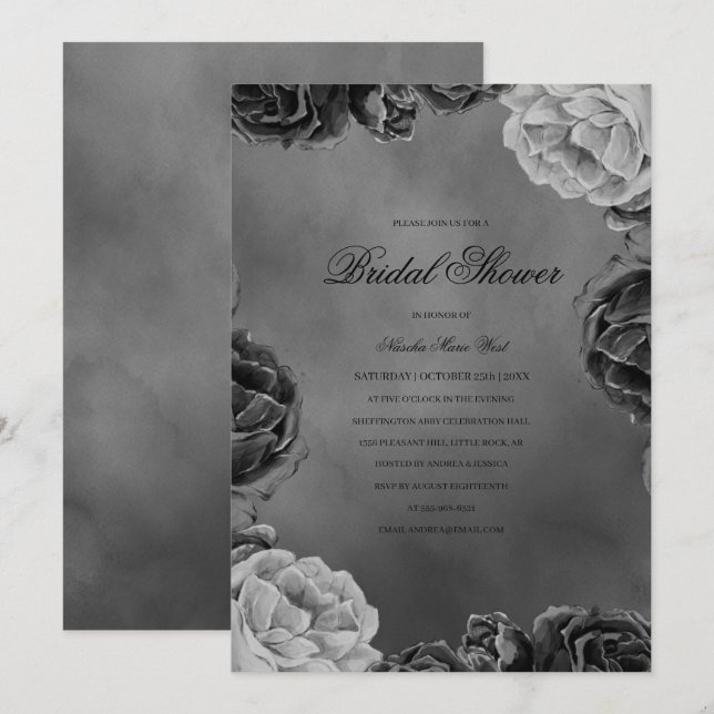 Gothic Moody Monochrome Grey Floral Bridal Shower  Invitation (Front/Back)