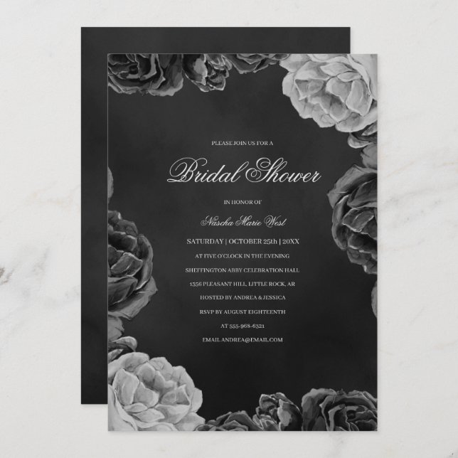 Gothic Moody Monochrome Grey Floral Bridal Shower Invitation (Front/Back)