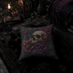 Gothic Moody Skull with Flowers Cushion