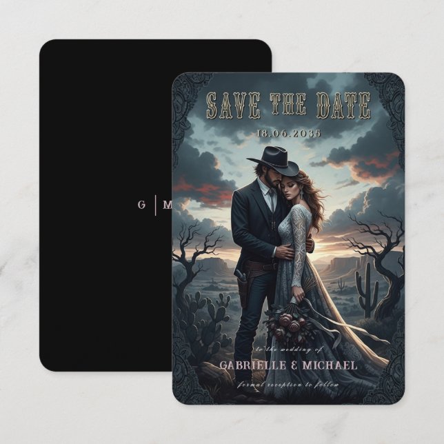 Gothic Moody Western Cowboy Wedding Save The Date (Front/Back)