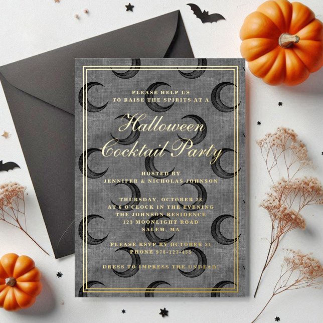 Gothic Moon Halloween Cocktail Party Gold (Gothic Moon Halloween Cocktail Party Gold Foil Invitation)