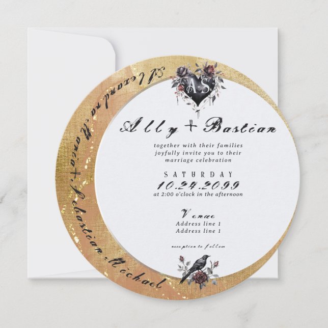 Gothic Moon Moody Black Floral Raven Heart Wedding Invitation (Front)
