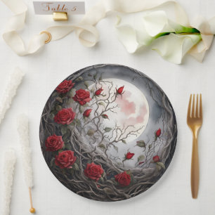 Gothic Moon & Red Rose Paper Plate