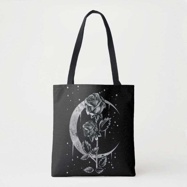 Gothic Moon Rose Crescent Witchy Art Tote Bag (Front)
