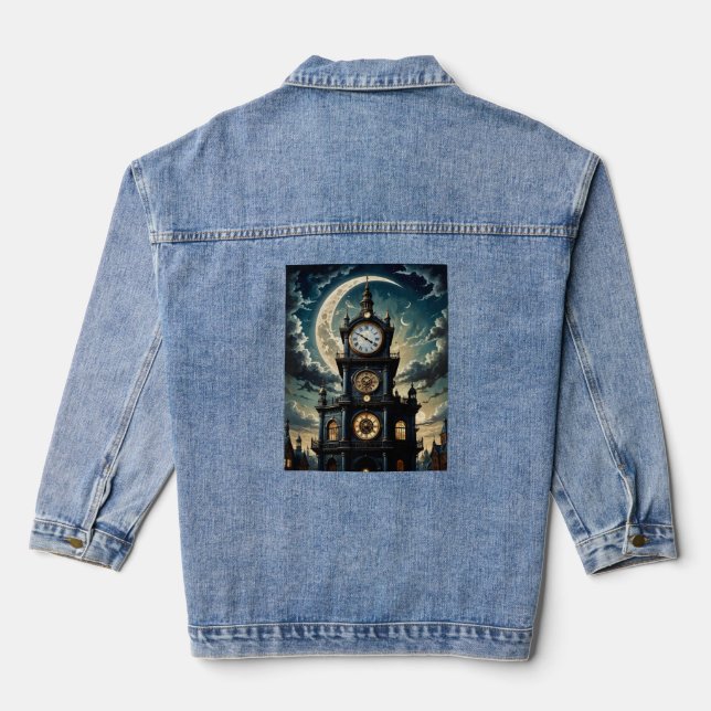 Gothic Moonlit Clocktower Art Tee Denim Jacket (Back)