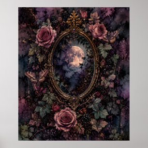 Gothic Moonlit Mirror Fine Art Poster Dark Floral