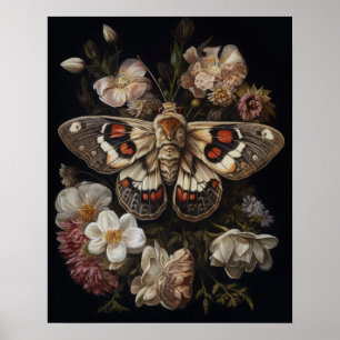 Gothic Moth And Flowers Art Print Poster