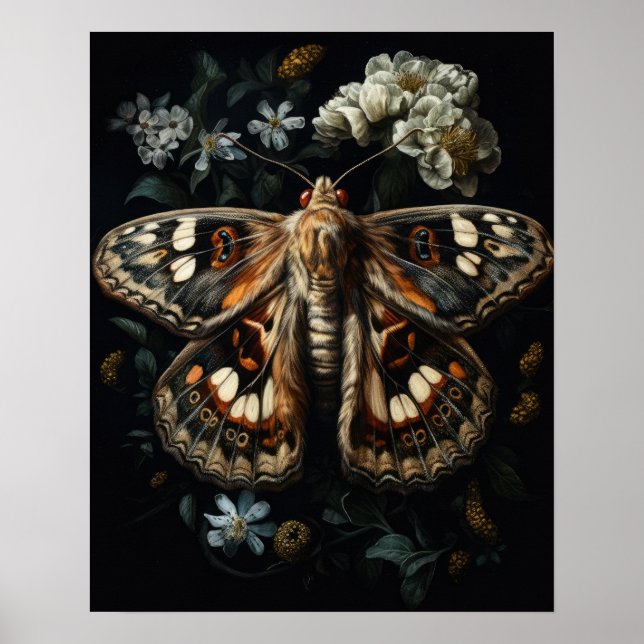 Gothic Moth And Flowers Art Print Poster (Front)