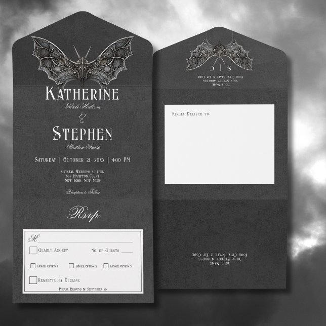 Gothic Moth Moody Black & White No Dinner All In One Invitation (Gothic Moth Moody Black & White All In One Wedding Invitation without Dinner Options)