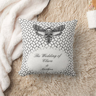 Gothic Moth Skull Throw Pillow – Black & White
